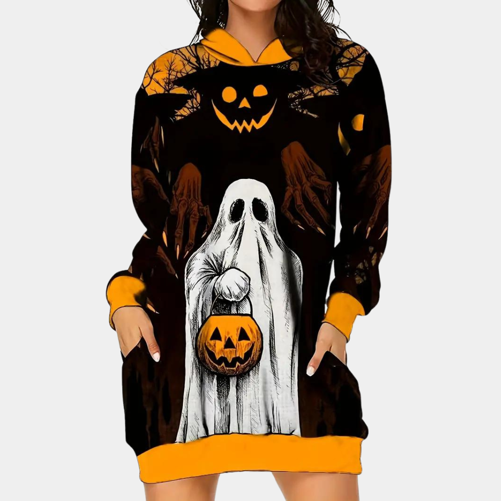 Robe Sweat à Capuche Halloween | Imprimé Fantômes et Citrouilles Festif