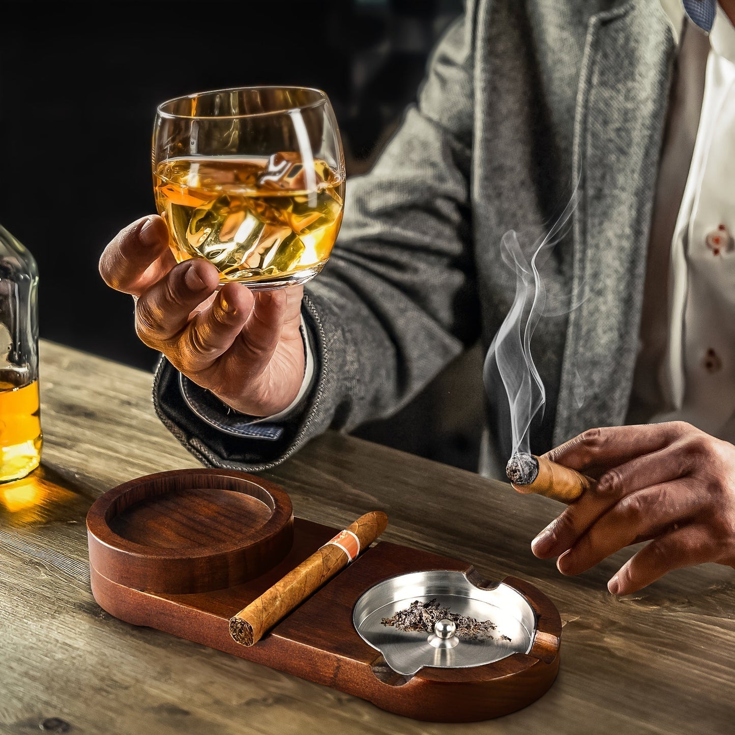 Cendrier à Cigares en Bois | Élégant avec Plateau en Verre à Whiskey