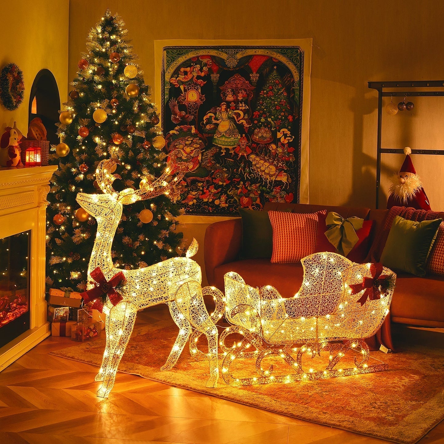 Renne de Noël Illuminé avec Traîneau | 215 Lumières LED pour Décor Festif