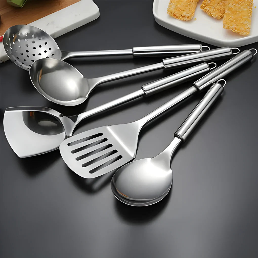 Ensemble d’ustensiles de cuisine en acier inoxydable – 5 pièces essentielles | Helvia