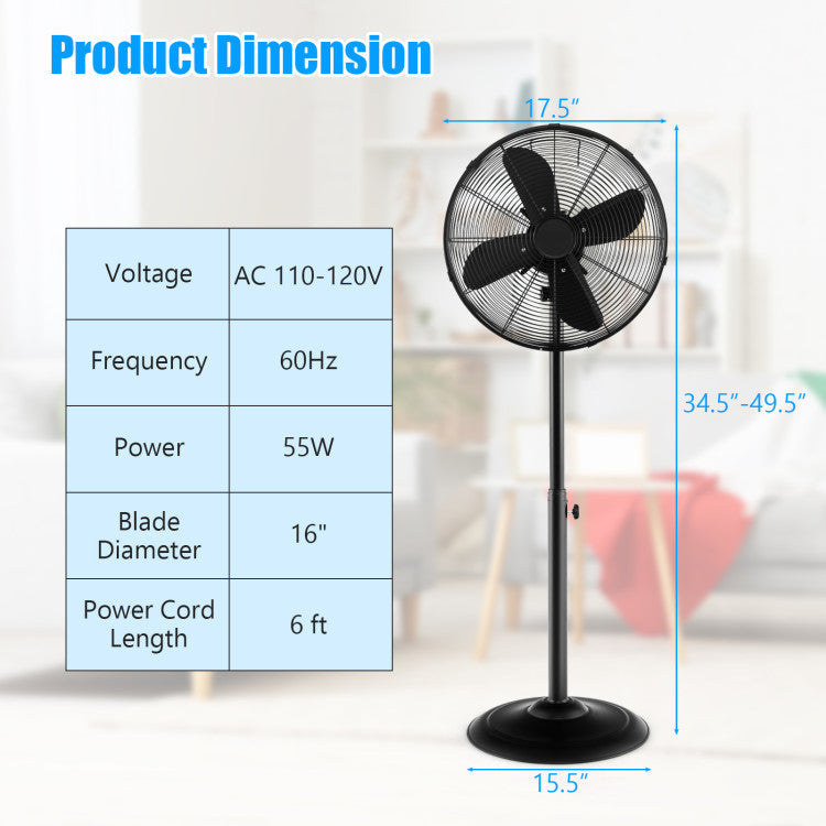 Ventilateur sur Pied Oscillant 16 Pouces | Hauteur Réglable et 3 Vitesses
