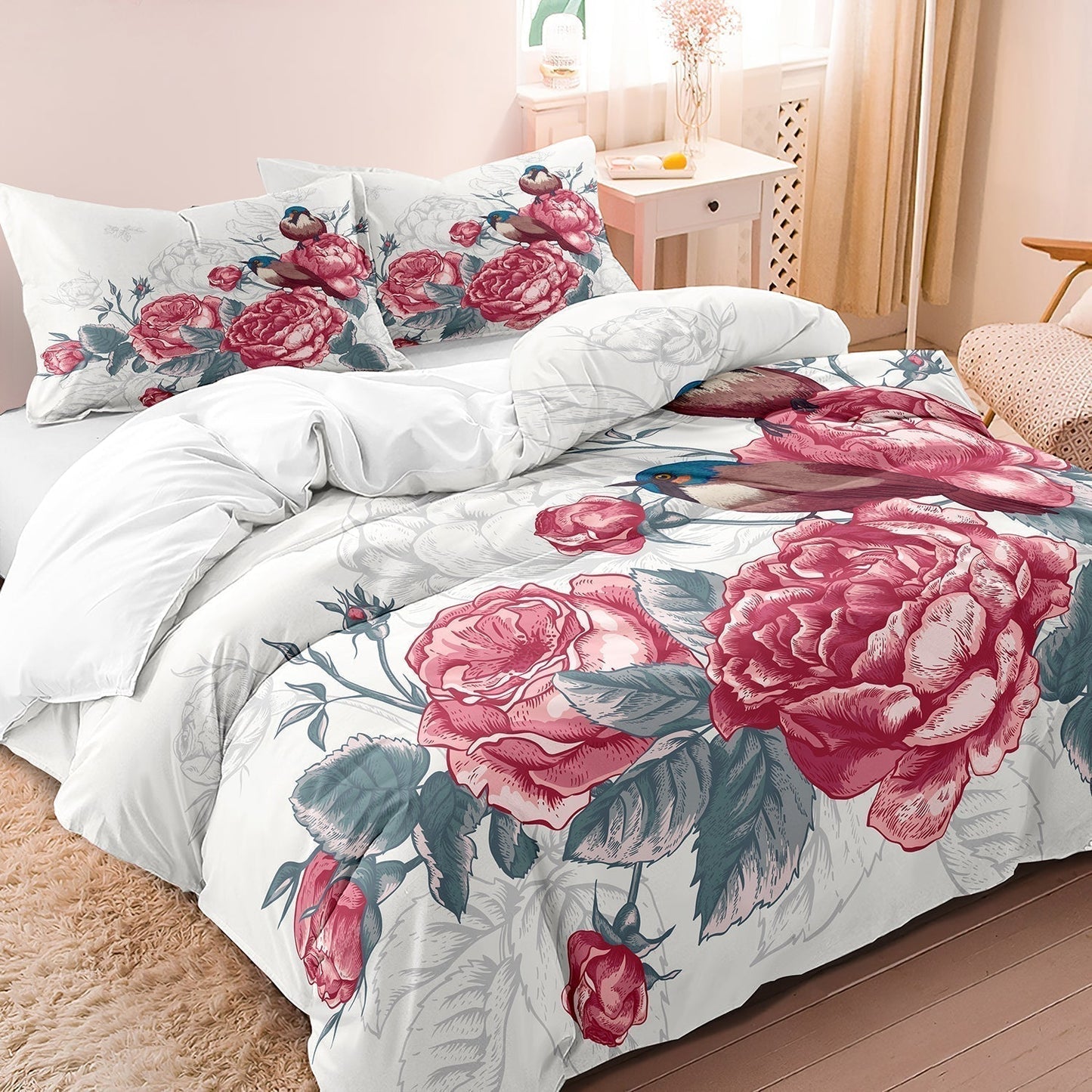 Linge de Lit Floral avec Oiseaux | Douceur et Élégance Naturelle
