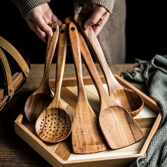 Ustensiles de Cuisine en Teck | Ensemble Durable et Ergonomique de 5 Pièces