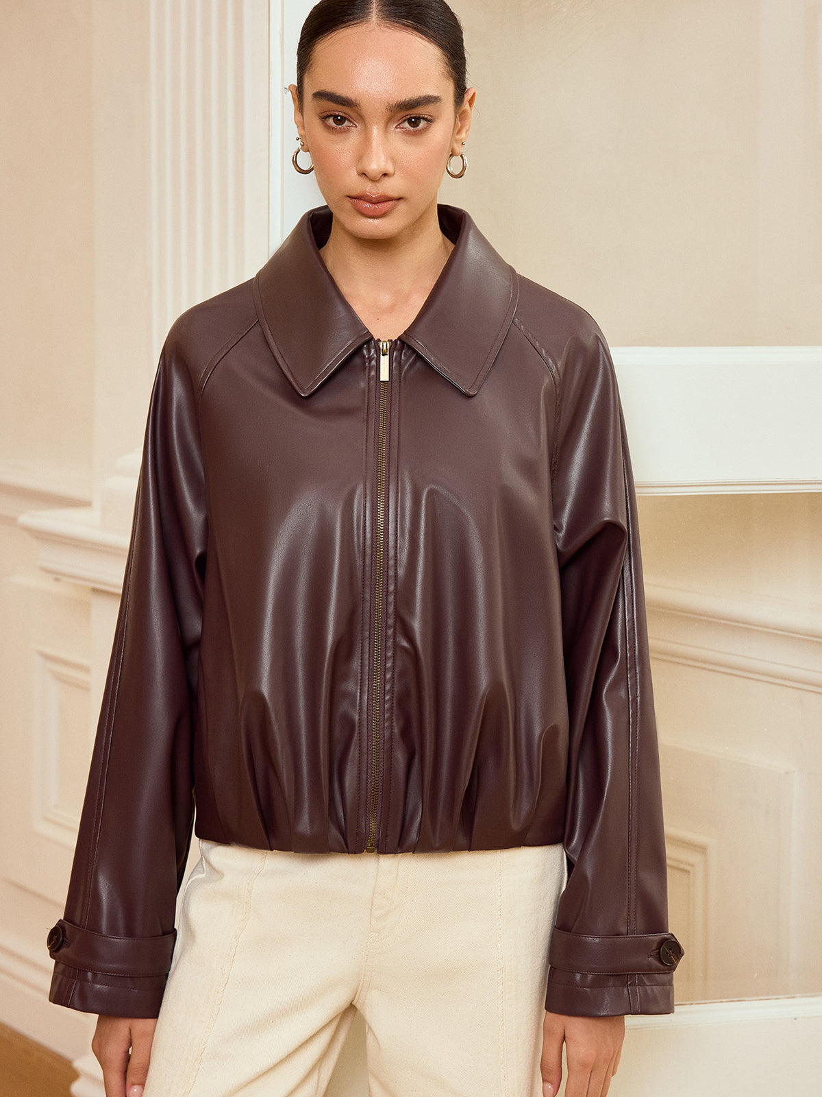 Veste en Cuir Synthétique Zippée | Col Raffiné et Manches Longues