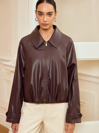 Veste en Cuir Synthétique Zippée | Col Raffiné et Manches Longues