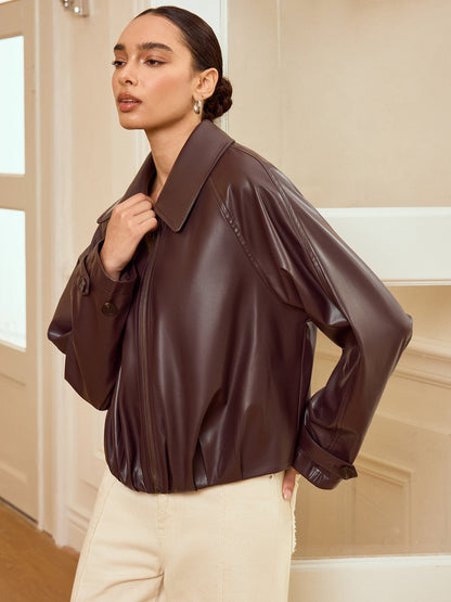 Veste en Cuir Synthétique Zippée | Col Raffiné et Manches Longues