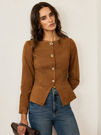 Veste en Suédine Ajustée | Manches Longues et Élasticité Légère