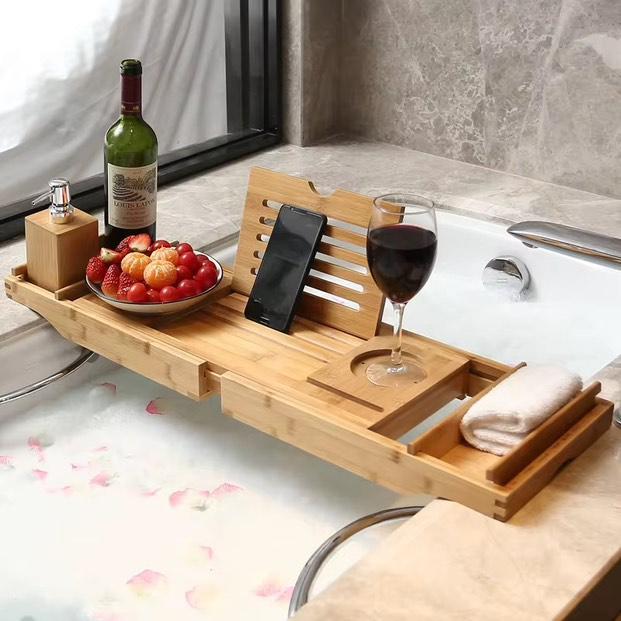 Plateau de Baignoire en Bambou | Design Ajustable et Multi-Compartiments