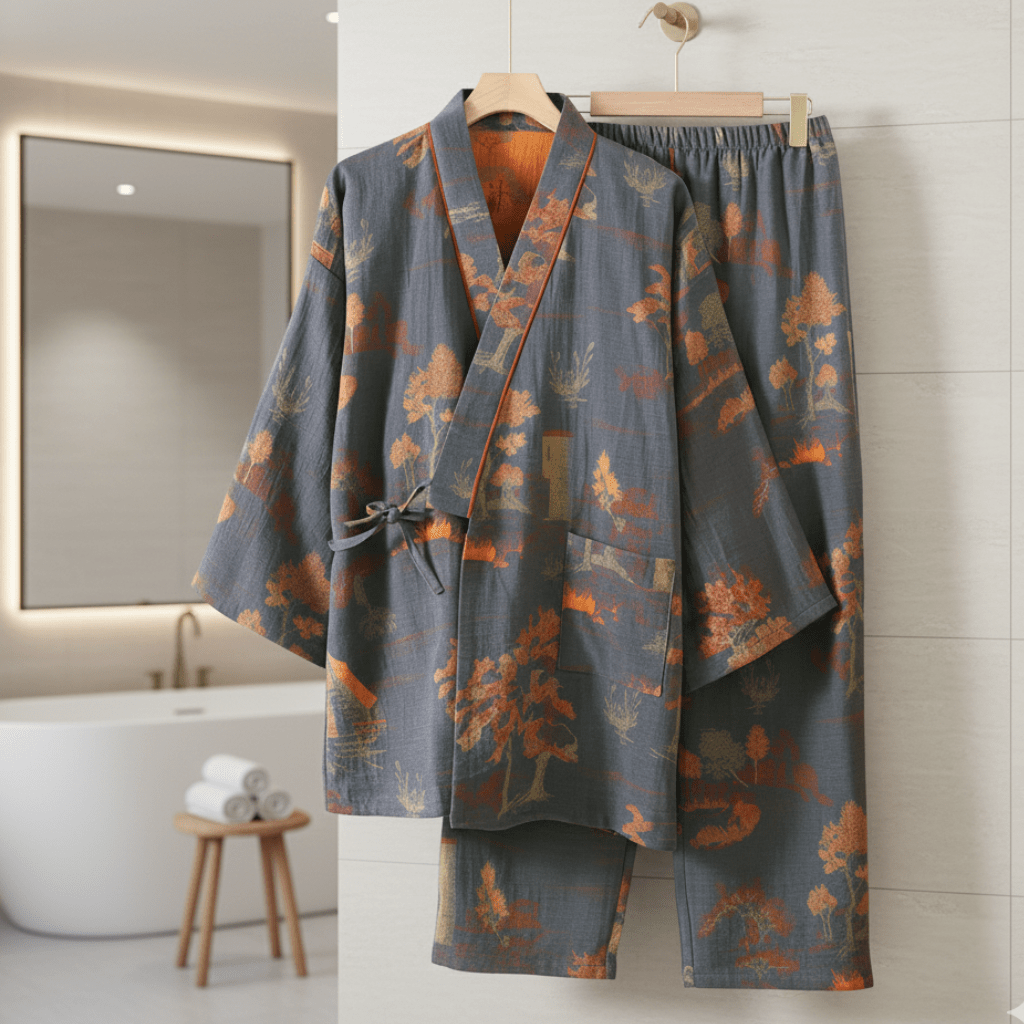 Ensemble de Pyjama Kimono Confortable | Motifs Aquarelle pour Détente à la Maison