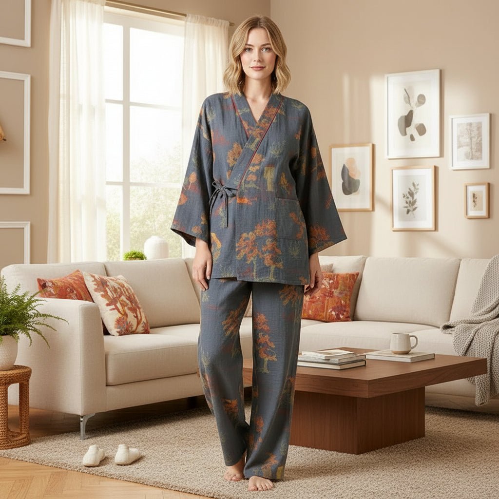 Ensemble de Pyjama Kimono Confortable | Motifs Aquarelle pour Détente à la Maison
