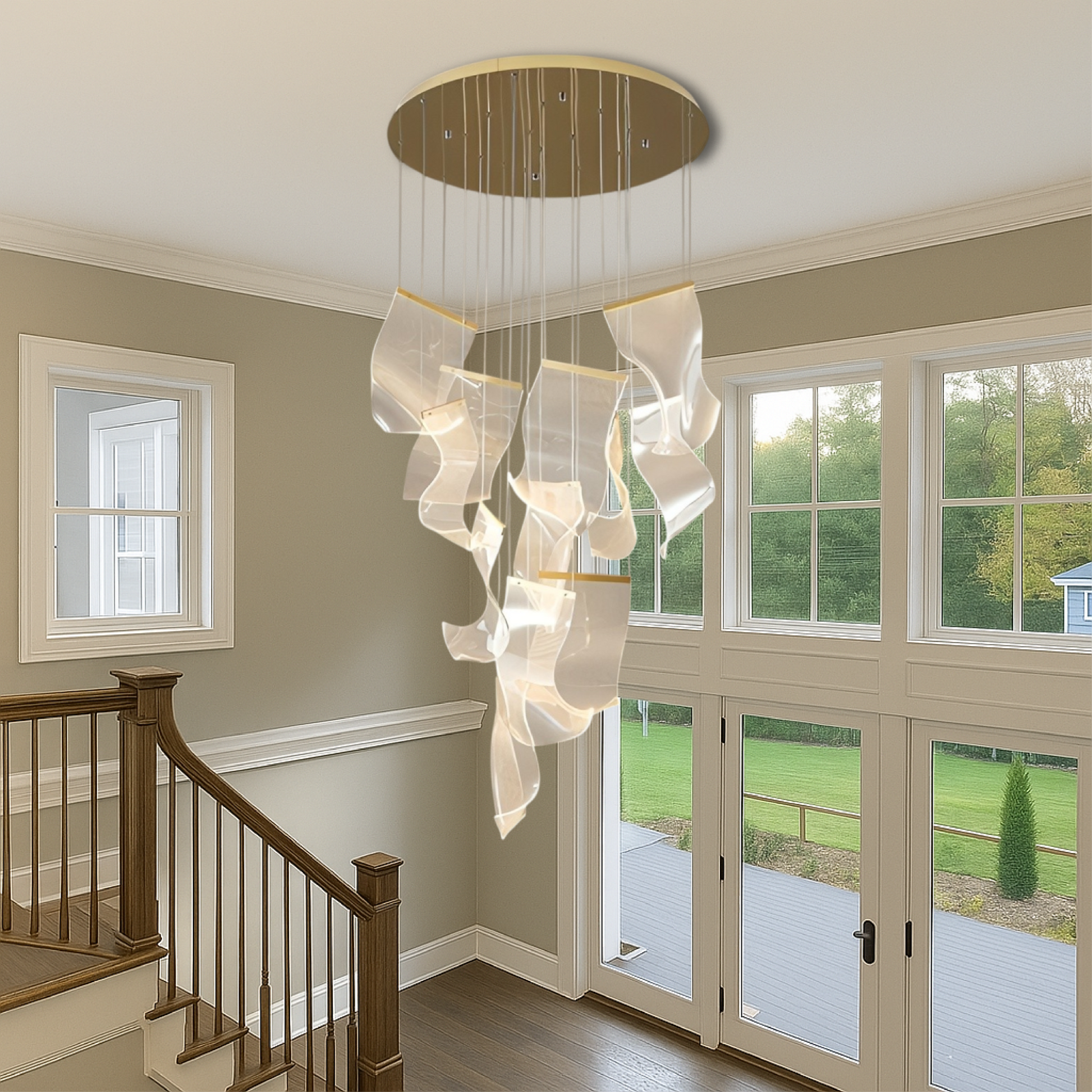 Lustre d'Escalier en Acrylique Doré | Design Contemporain et Éclat Radieux