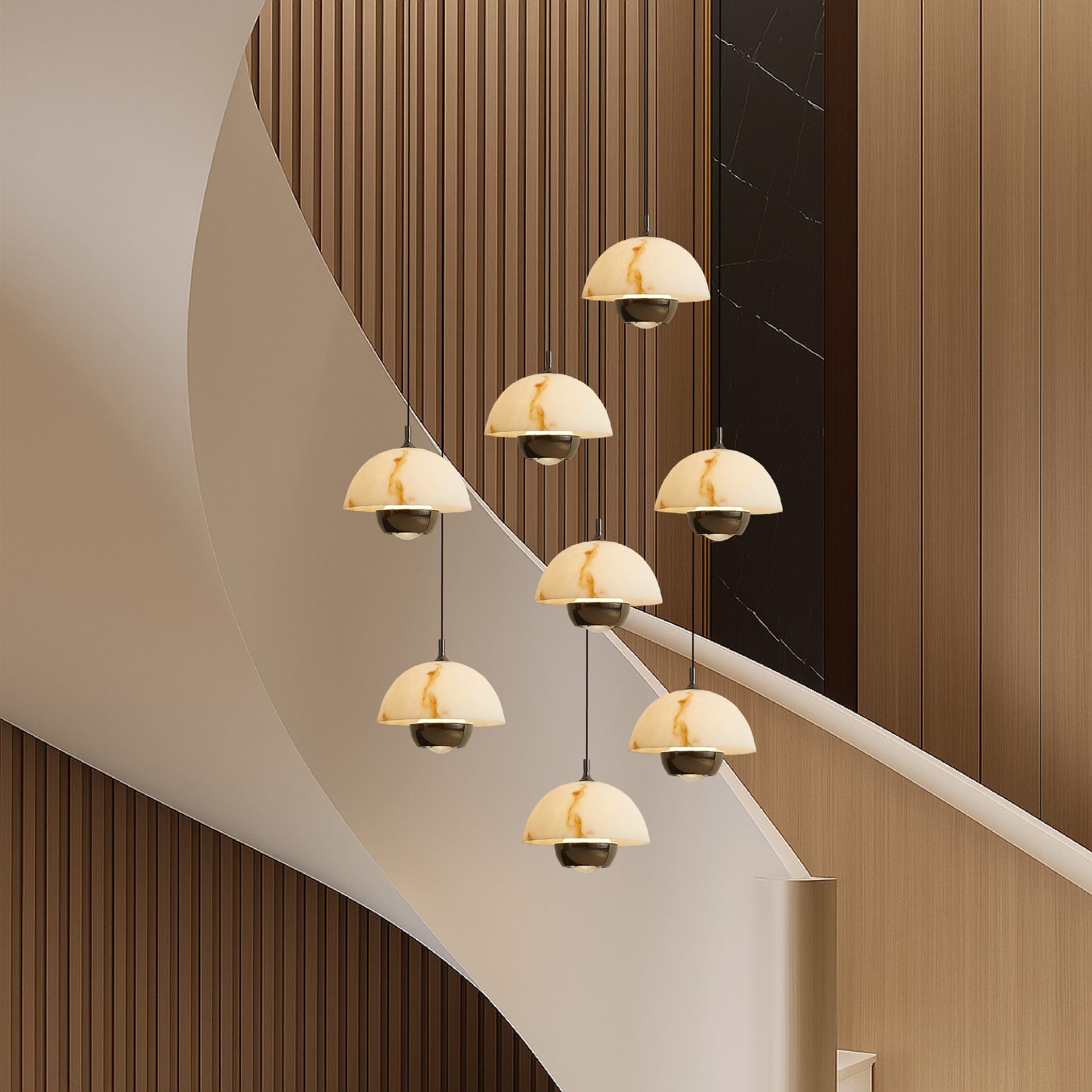 Lustre en Marbre à 8 Têtes | Éclairage Contemporain pour Escaliers