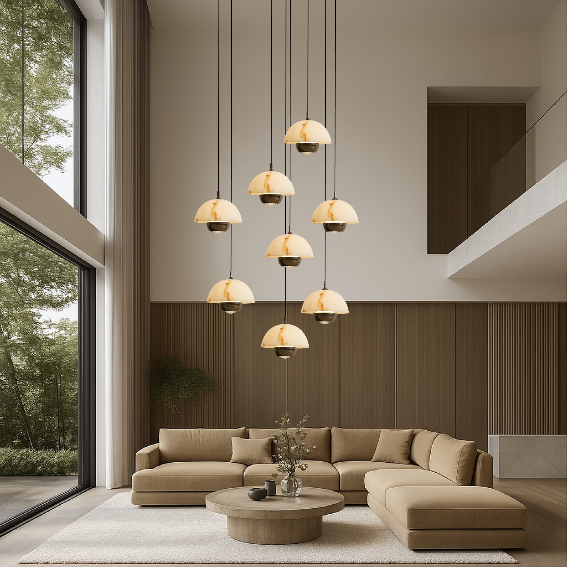 Lustre en Marbre à 8 Têtes | Éclairage Contemporain pour Escaliers