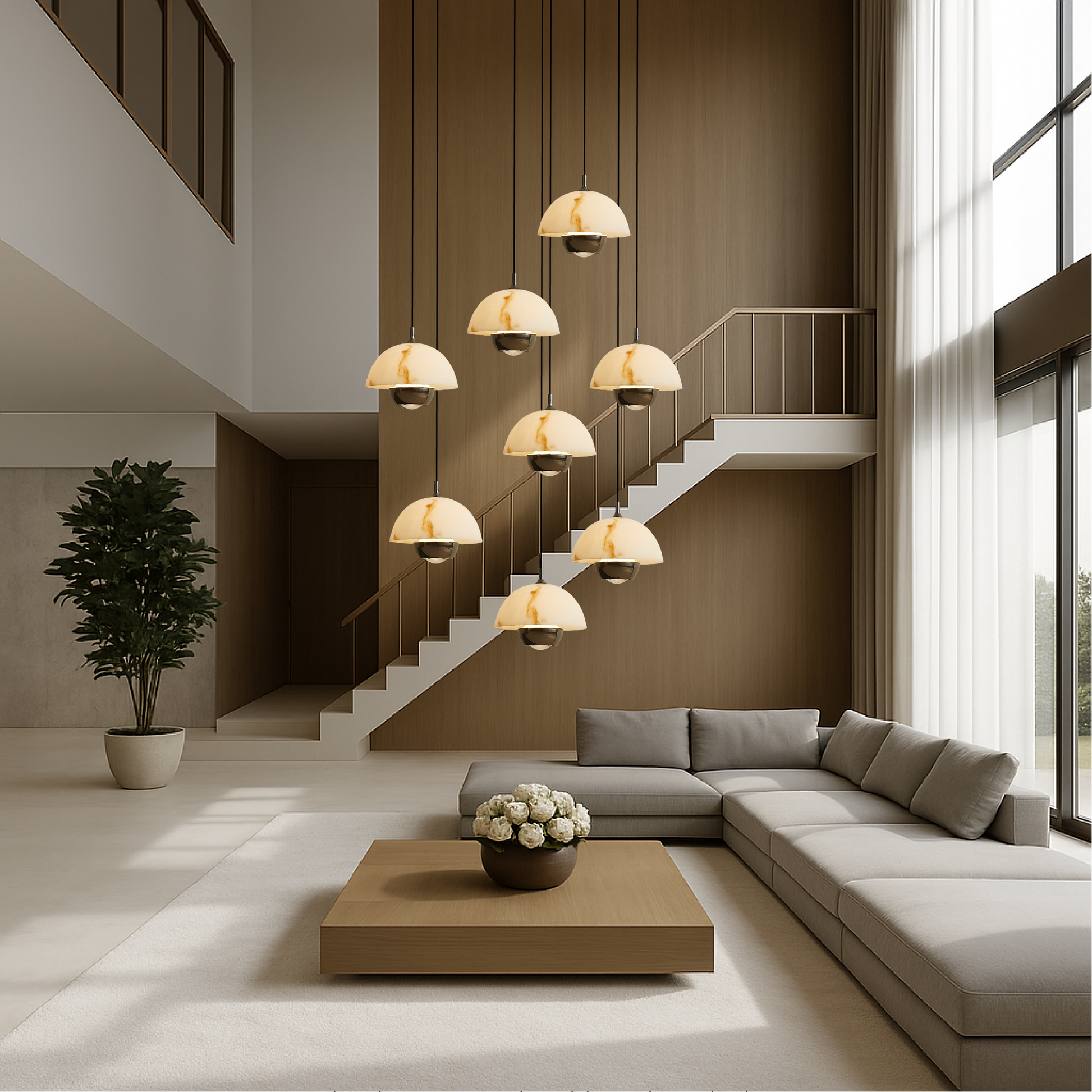 Lustre en Marbre à 8 Têtes | Éclairage Contemporain pour Escaliers