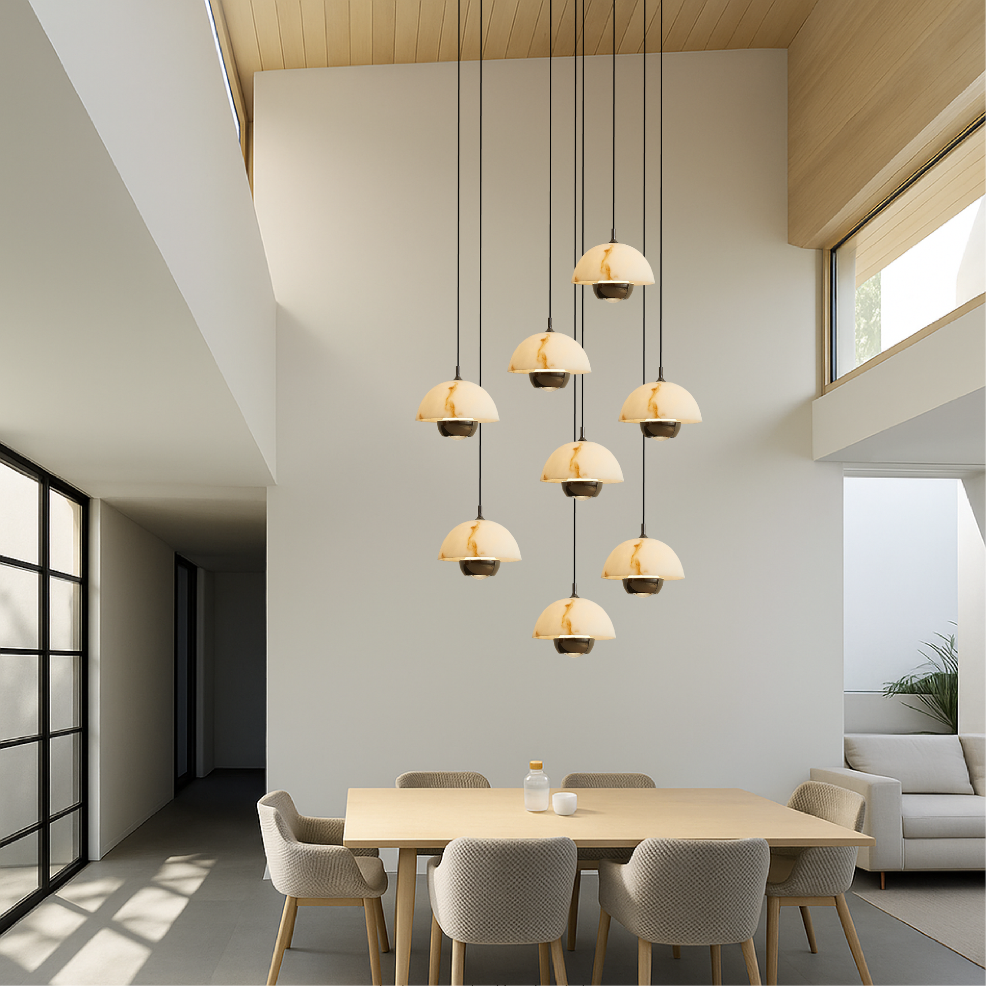 Lustre en Marbre à 8 Têtes | Éclairage Contemporain pour Escaliers