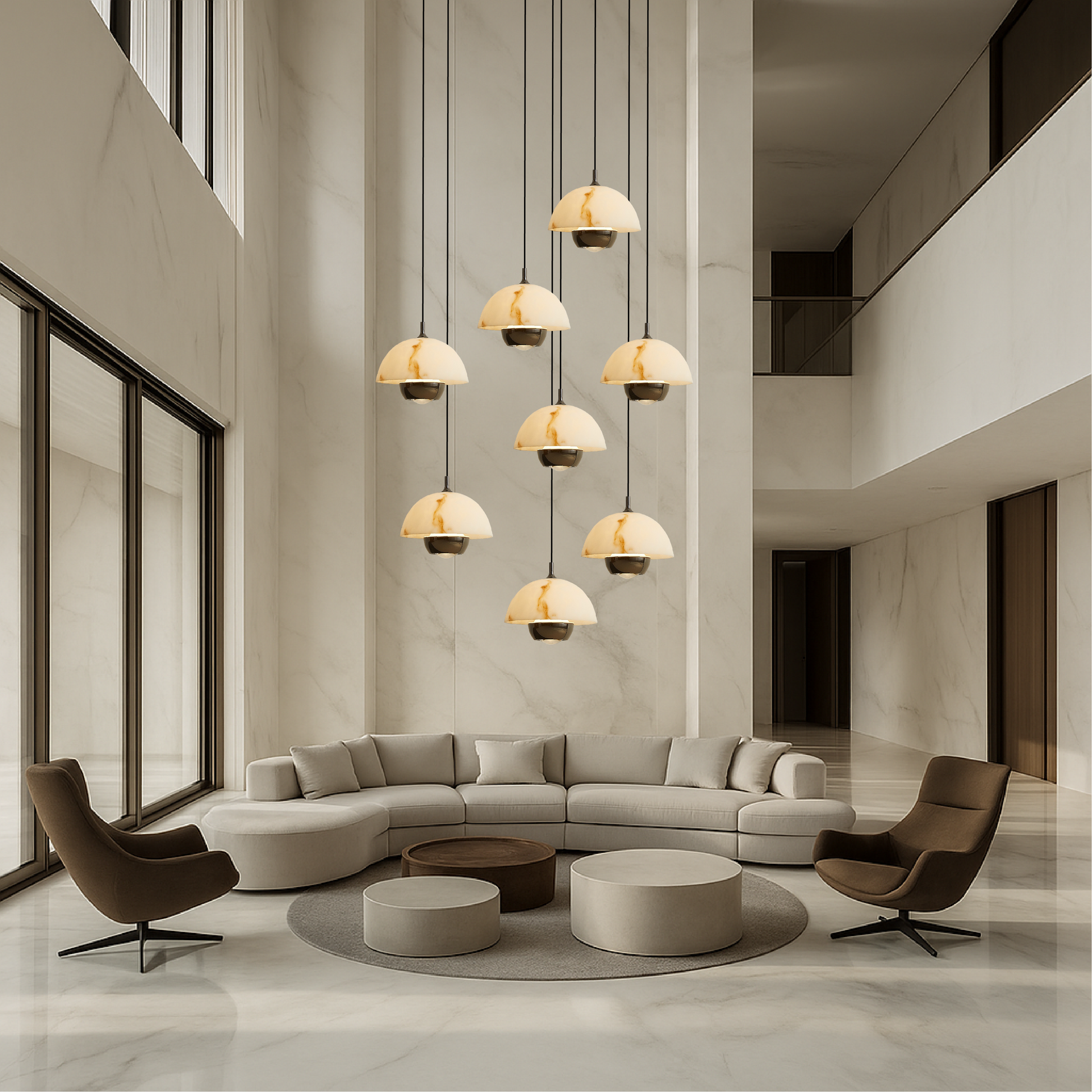 Lustre en Marbre à 8 Têtes | Éclairage Contemporain pour Escaliers