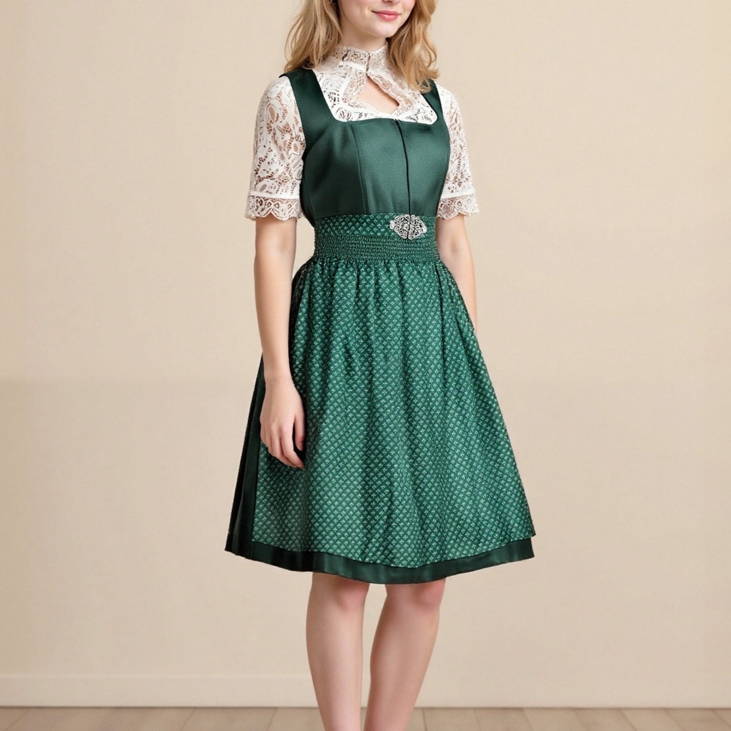 Robe Dirndl Bavaroise Émeraude | Avec Tablier et Blouse en Dentelle