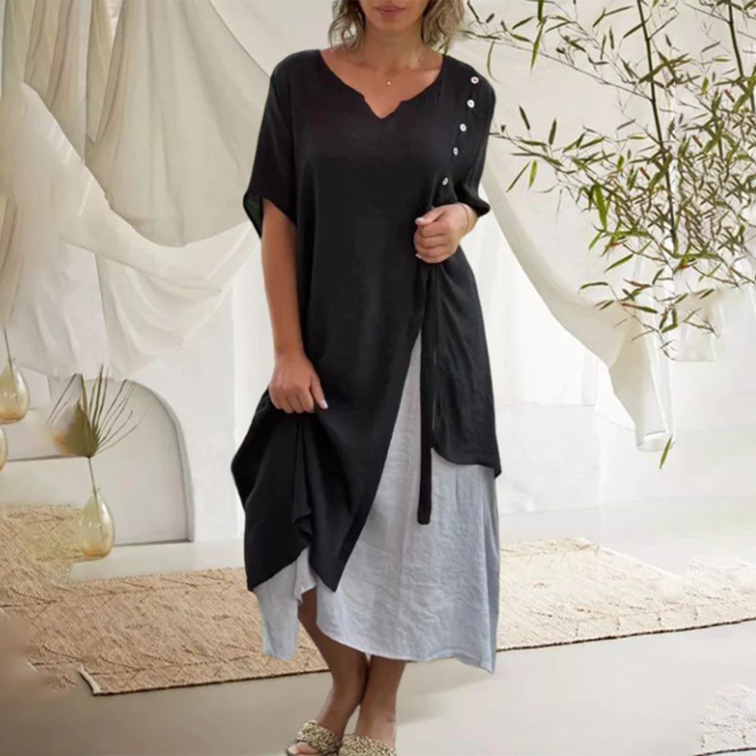 Robe Élégante Noire Femme | Décolleté en V et Manches Courtes