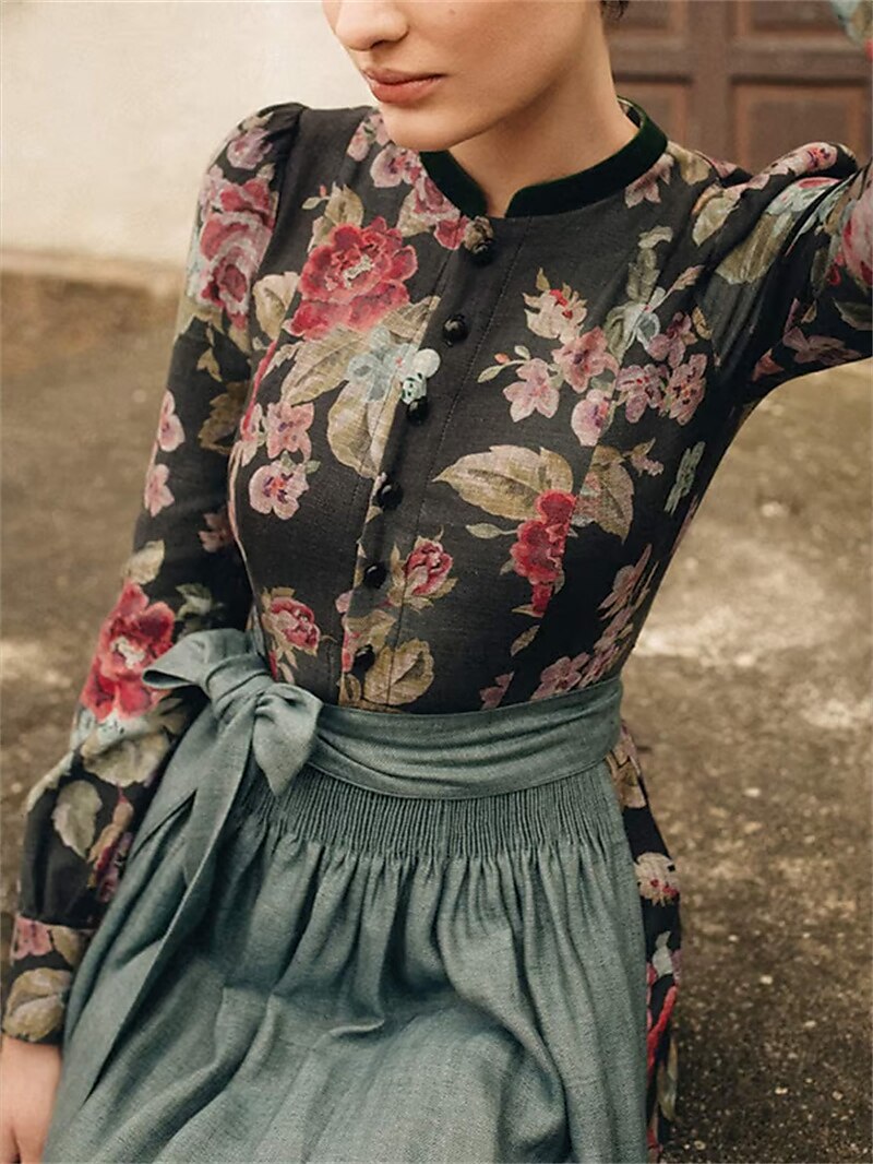 Robe Dirndl Vintage Noire Fleurie | Tablier Inclus pour Style Traditionnel