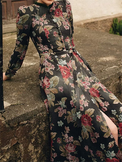 Robe Dirndl Vintage Noire Fleurie | Tablier Inclus pour Style Traditionnel