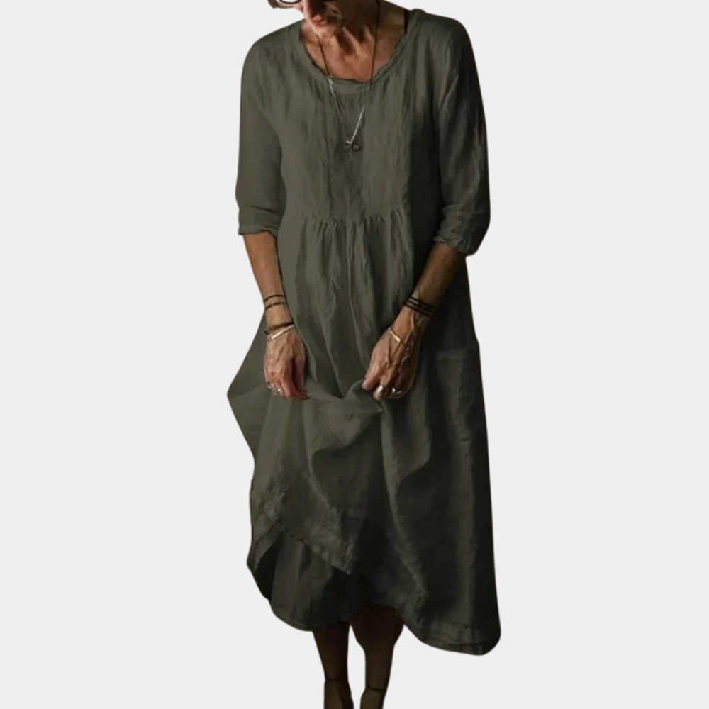 Robe Midi Vintage Élégante | Manches Courtes en Coton-Lin