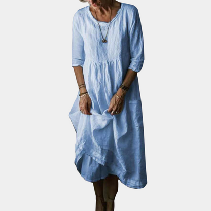 Robe Midi Vintage Élégante | Manches Courtes en Coton-Lin