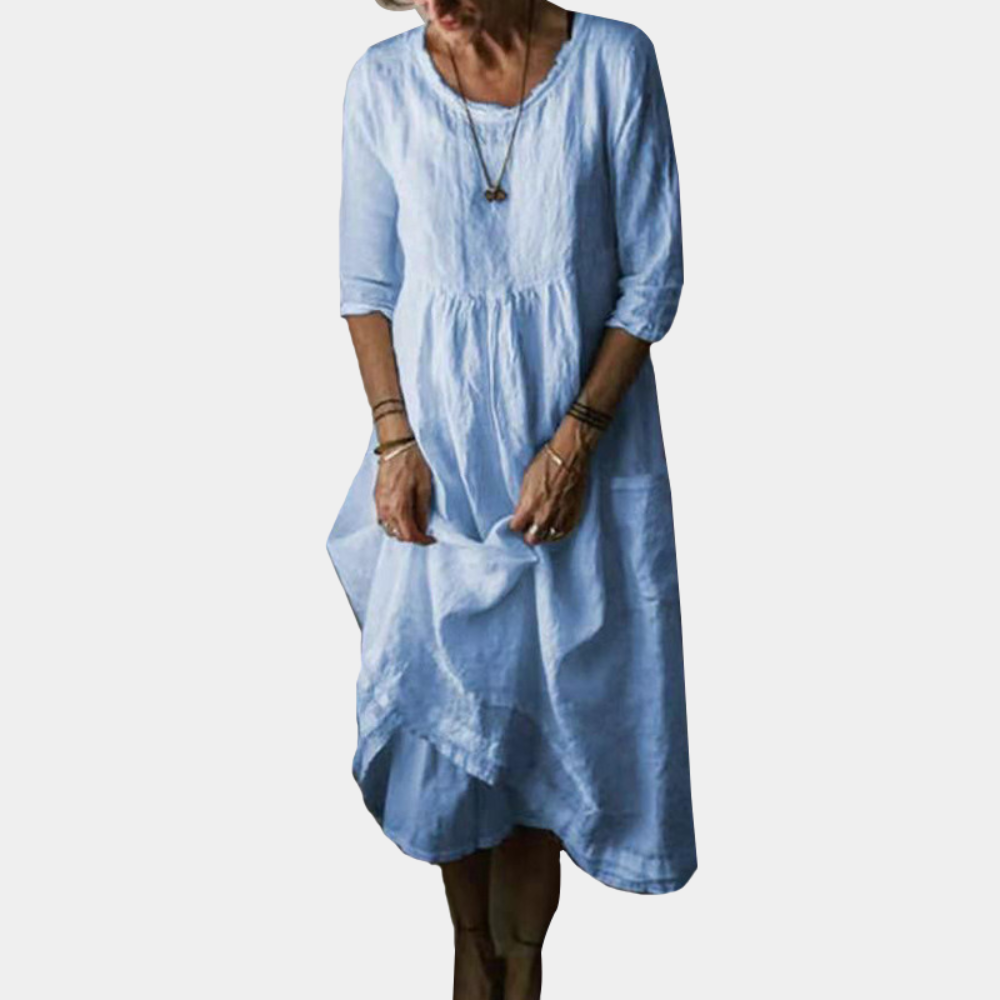 Robe Midi Vintage Élégante | Manches Courtes en Coton-Lin
