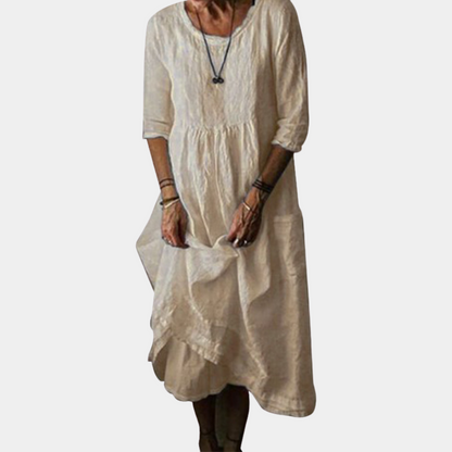 Robe Midi Vintage Élégante | Manches Courtes en Coton-Lin
