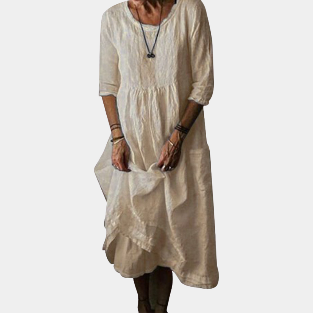 Robe Midi Vintage Élégante | Manches Courtes en Coton-Lin