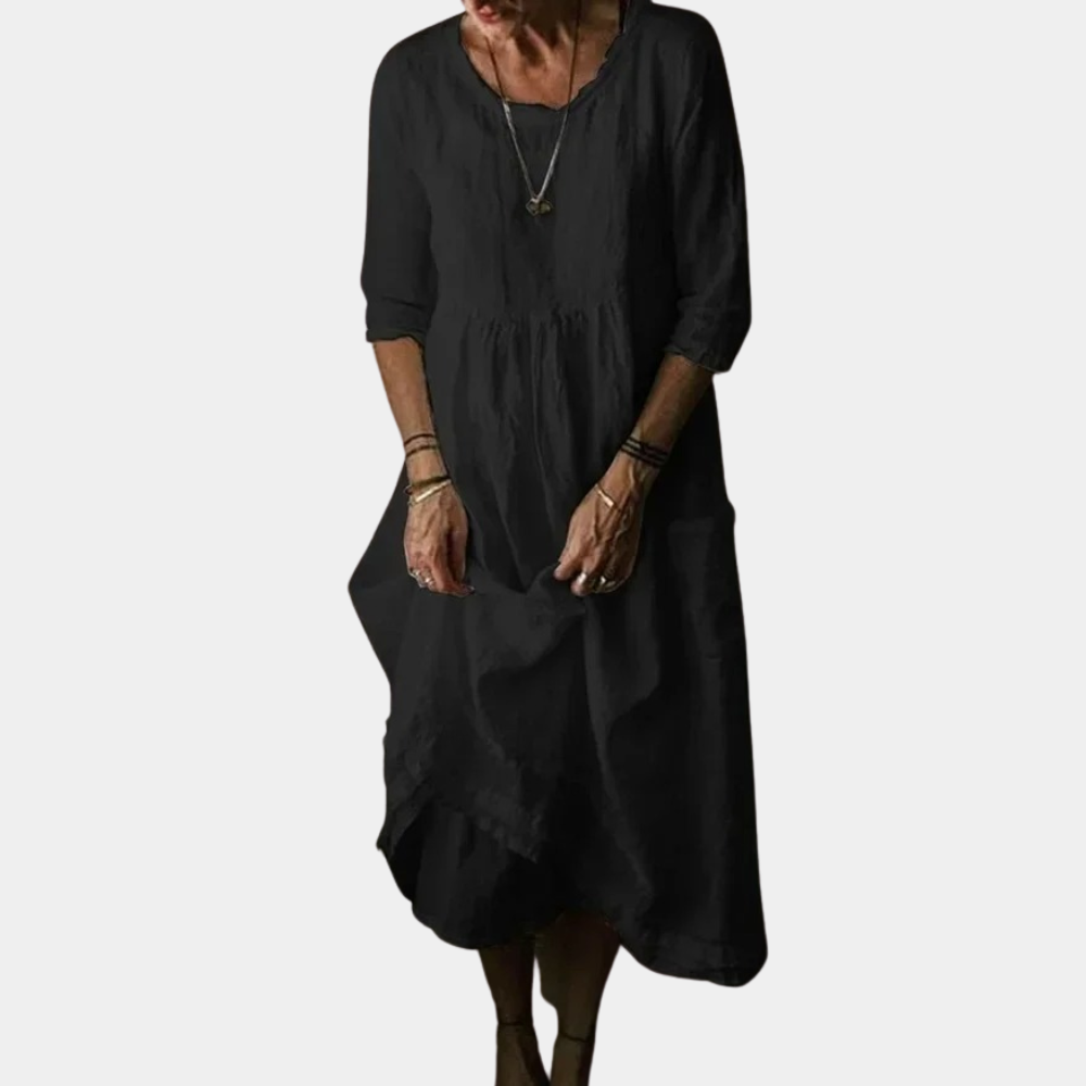 Robe Midi Vintage Élégante | Manches Courtes en Coton-Lin