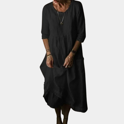 Robe Midi Vintage Élégante | Manches Courtes en Coton-Lin