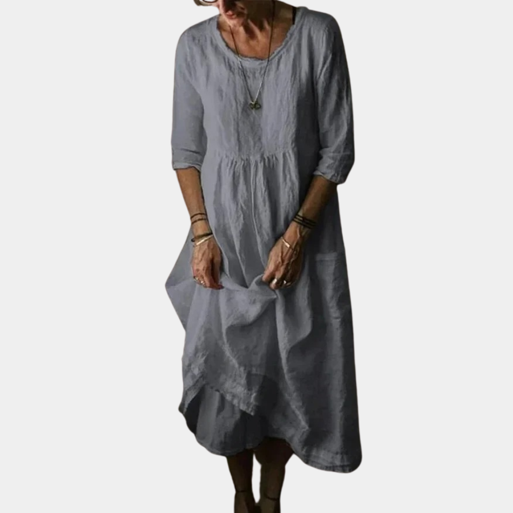 Robe Midi Vintage Élégante | Manches Courtes en Coton-Lin