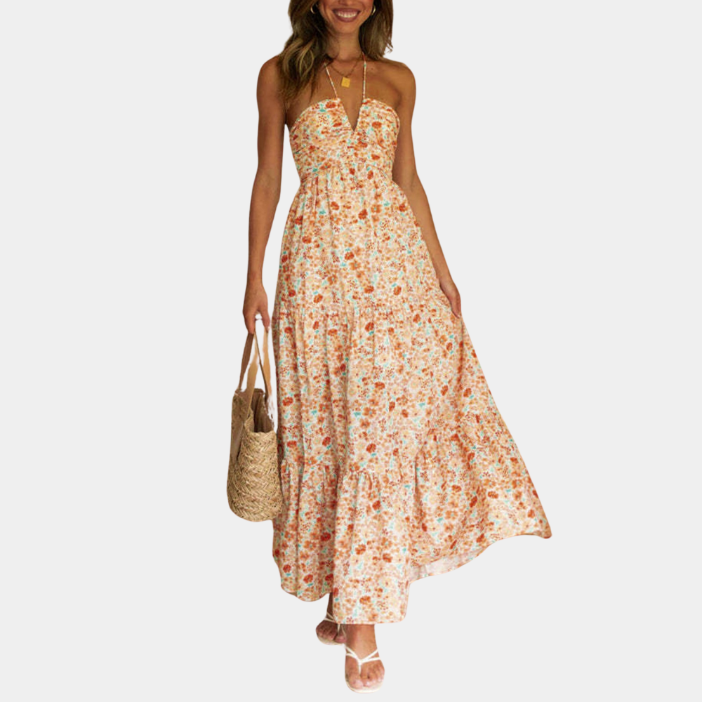 Robe Maxi Longue Élégante | Tissu Léger et Col Halter Flatteur