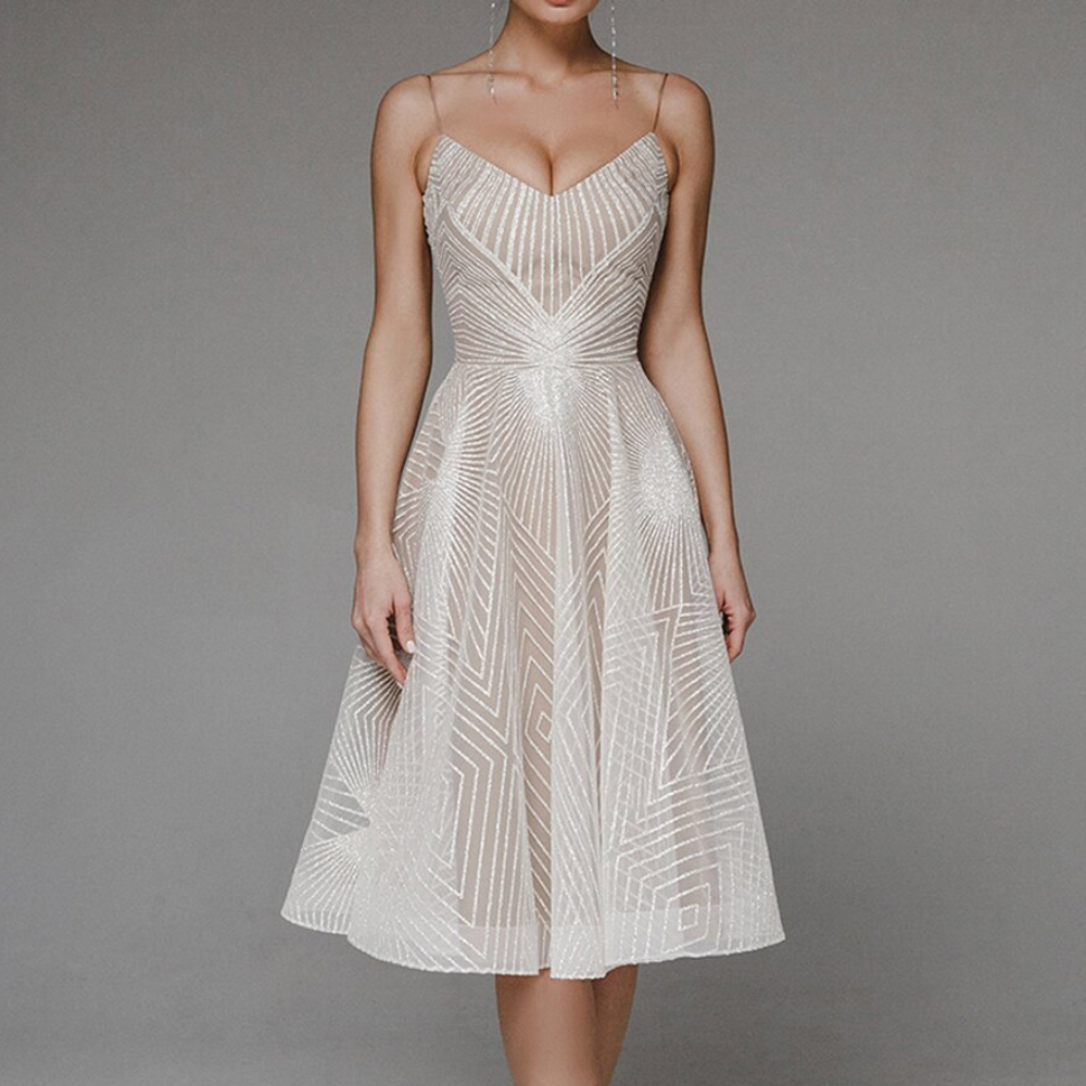 Robe de Soirée à Dos Ouvert | Motif Géométrique Élégant pour Invités
