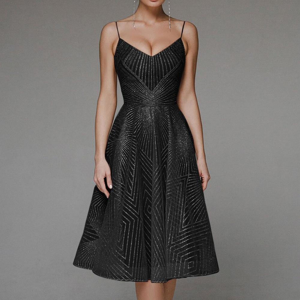 Robe de Soirée à Dos Ouvert | Motif Géométrique Élégant pour Invités