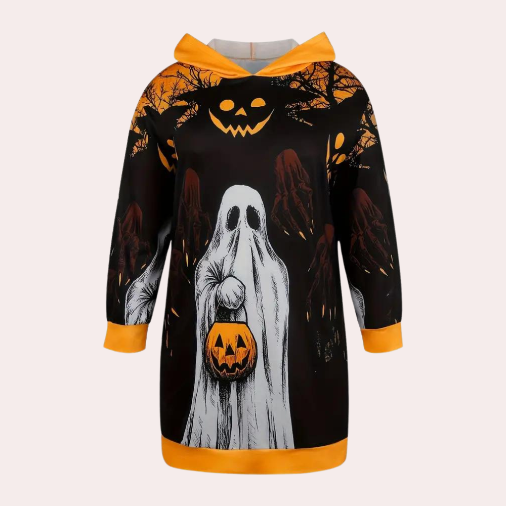 Robe Sweat à Capuche Halloween | Imprimé Fantômes et Citrouilles Festif