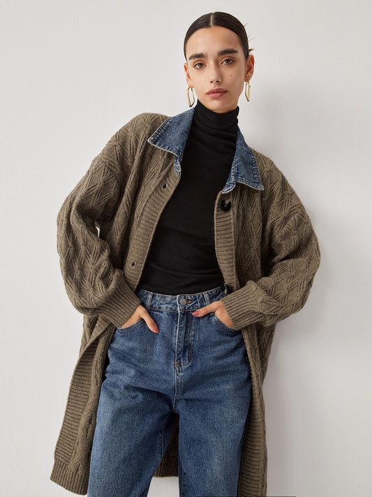 Cardigan Long en Tricot | Élégant Motif Diamant et Confort