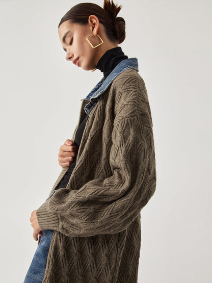 Cardigan Long en Tricot | Élégant Motif Diamant et Confort
