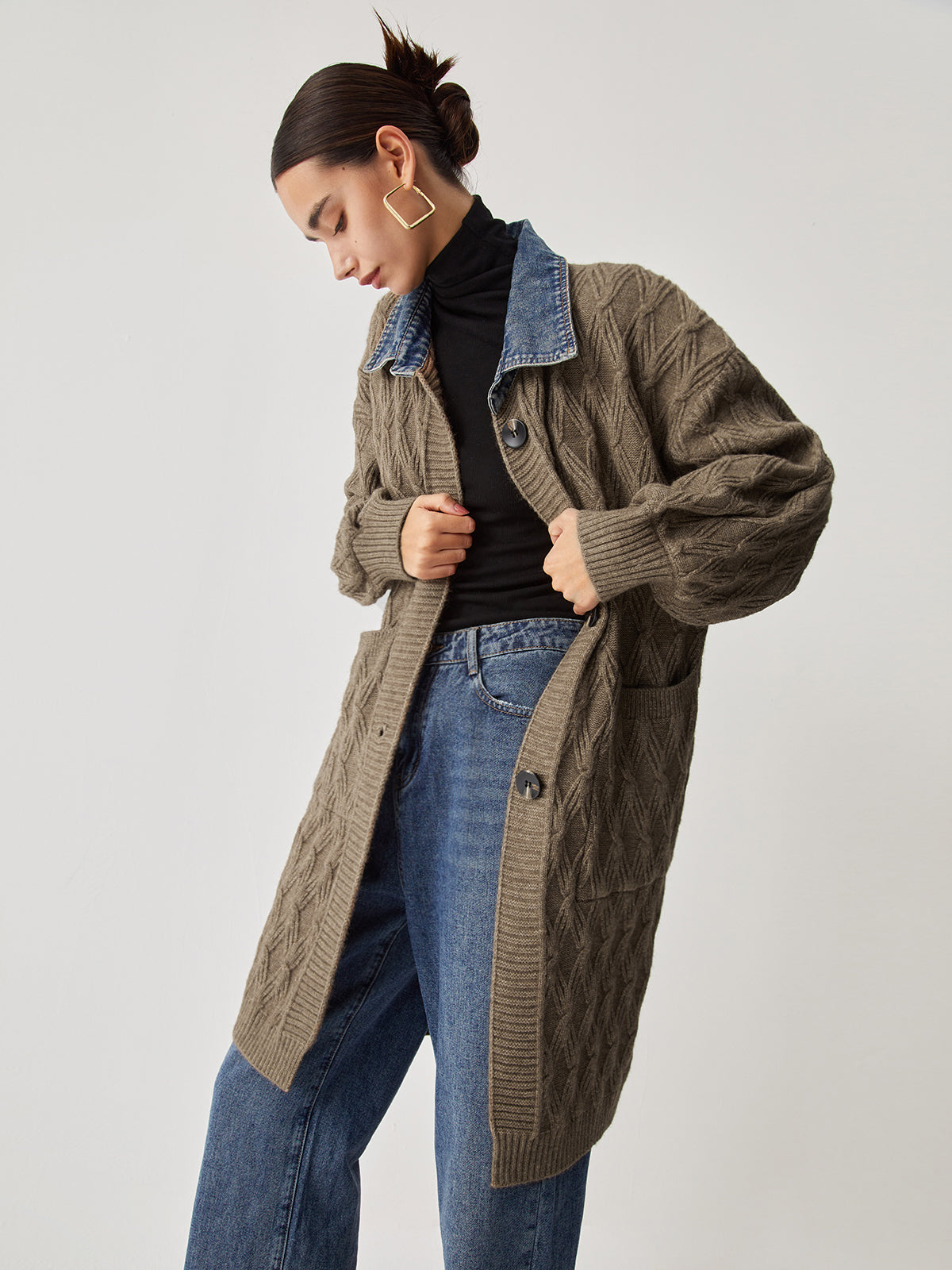 Cardigan Long en Tricot | Élégant Motif Diamant et Confort