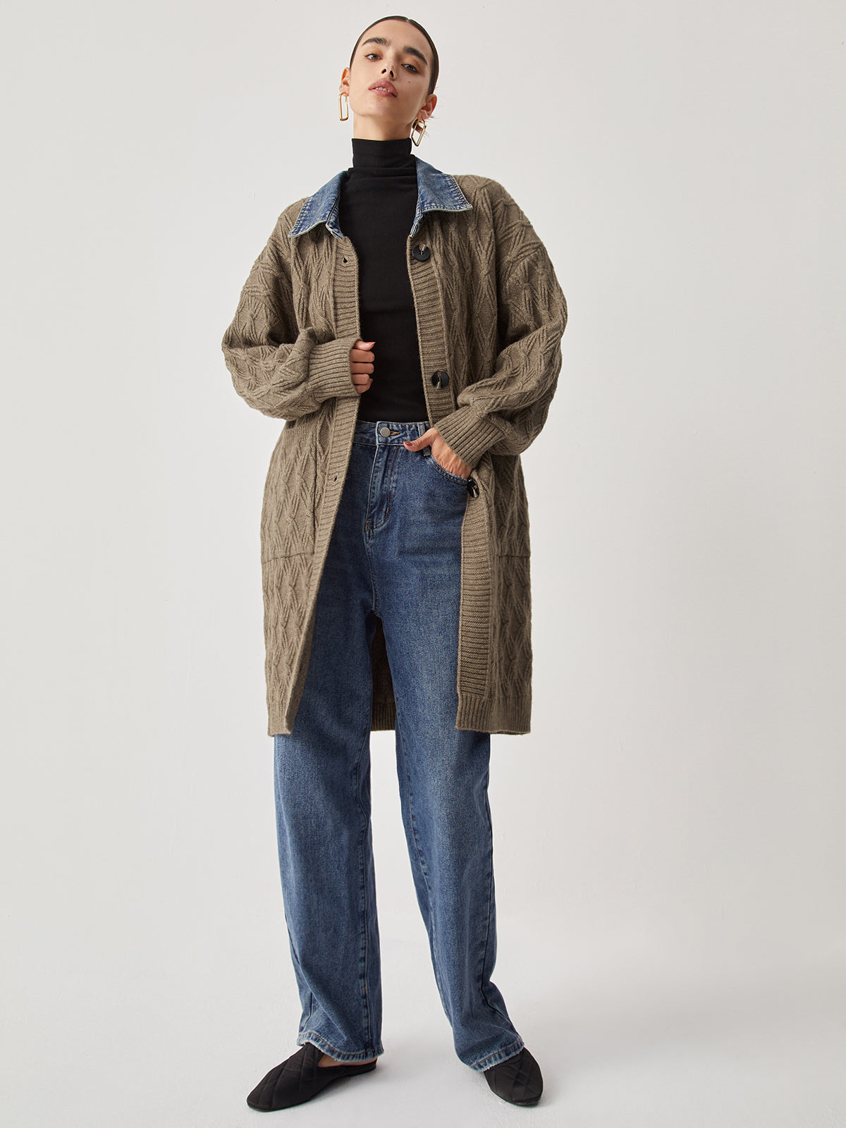 Cardigan Long en Tricot | Élégant Motif Diamant et Confort