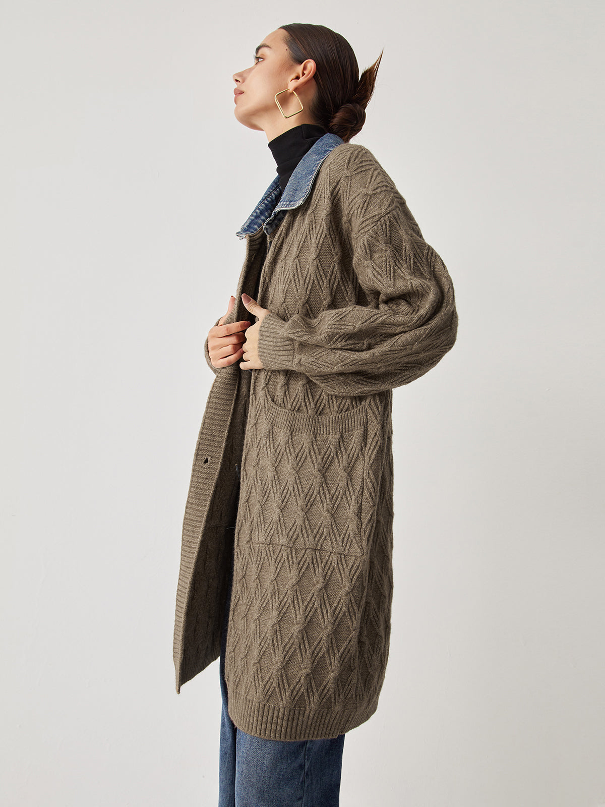 Cardigan Long en Tricot | Élégant Motif Diamant et Confort