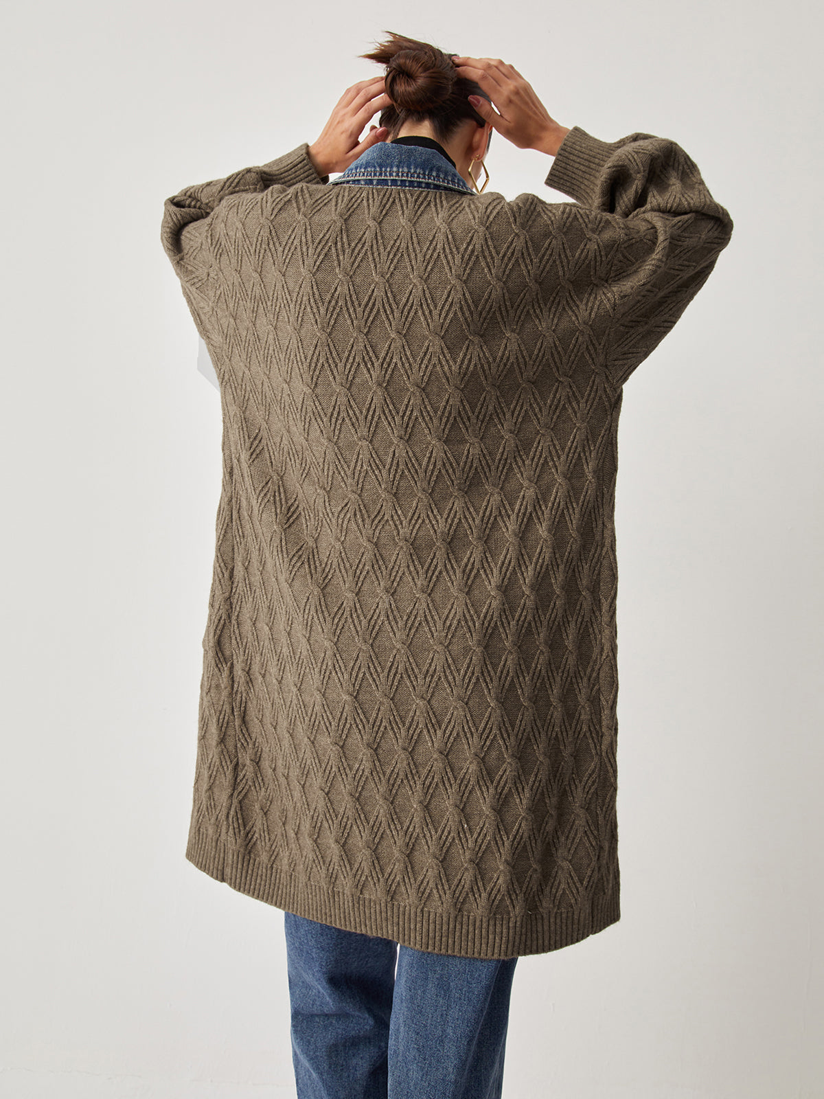 Cardigan Long en Tricot | Élégant Motif Diamant et Confort