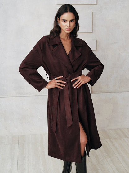 Manteau Trench Long en Suède | Chaud et Ceinturé pour Élégance