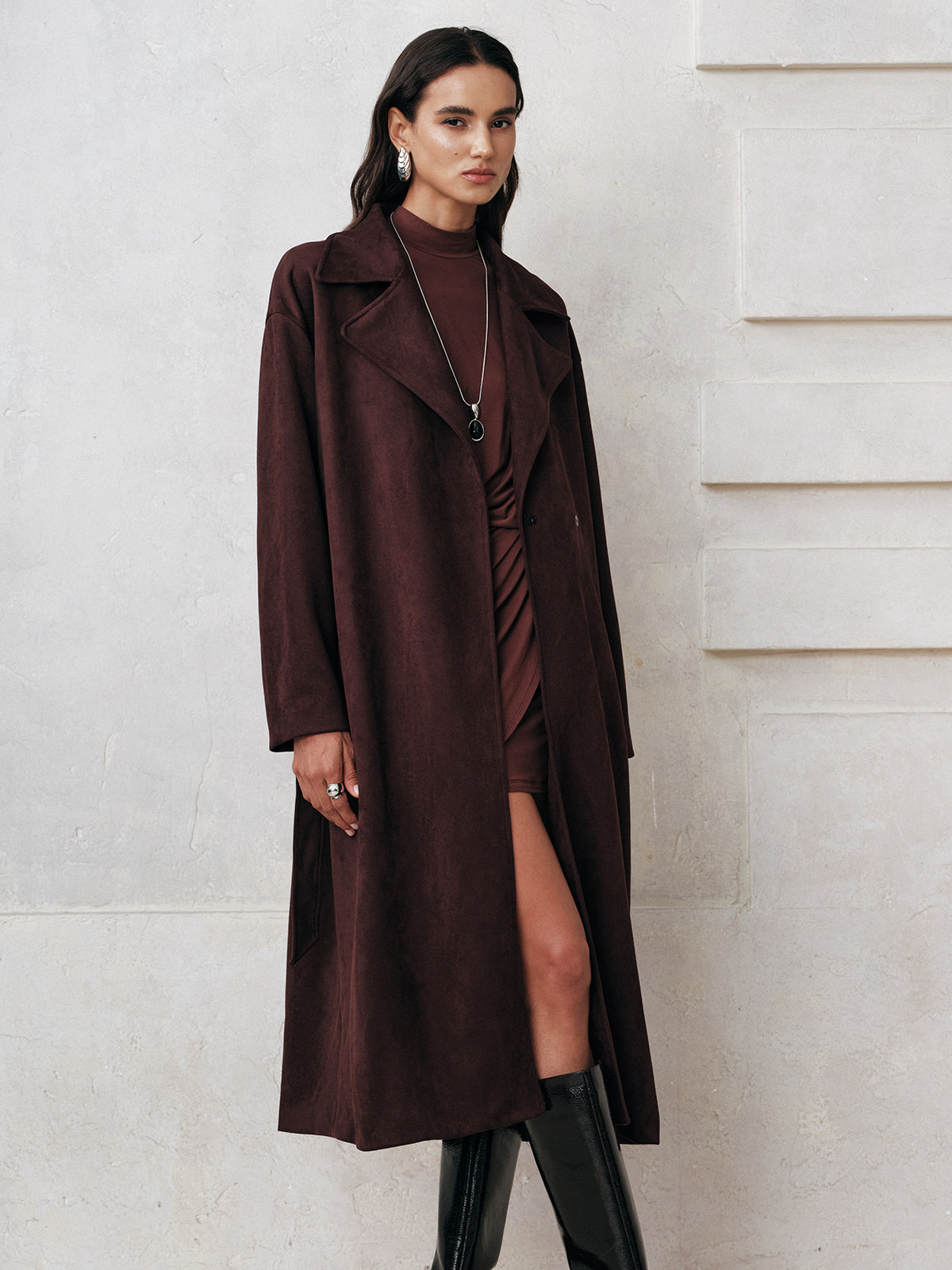 Manteau Trench Long en Suède | Chaud et Ceinturé pour Élégance