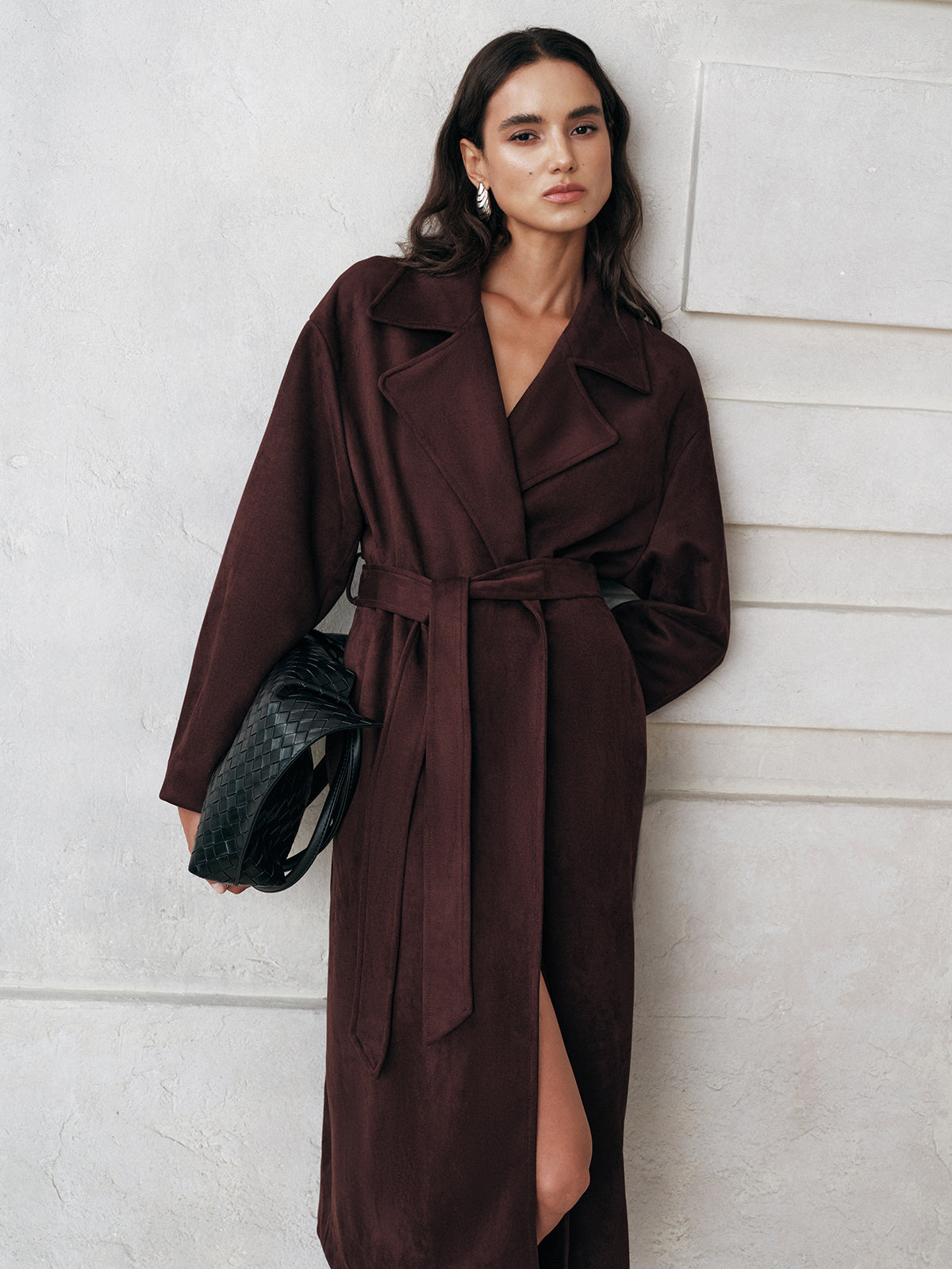 Manteau Trench Long en Suède | Chaud et Ceinturé pour Élégance