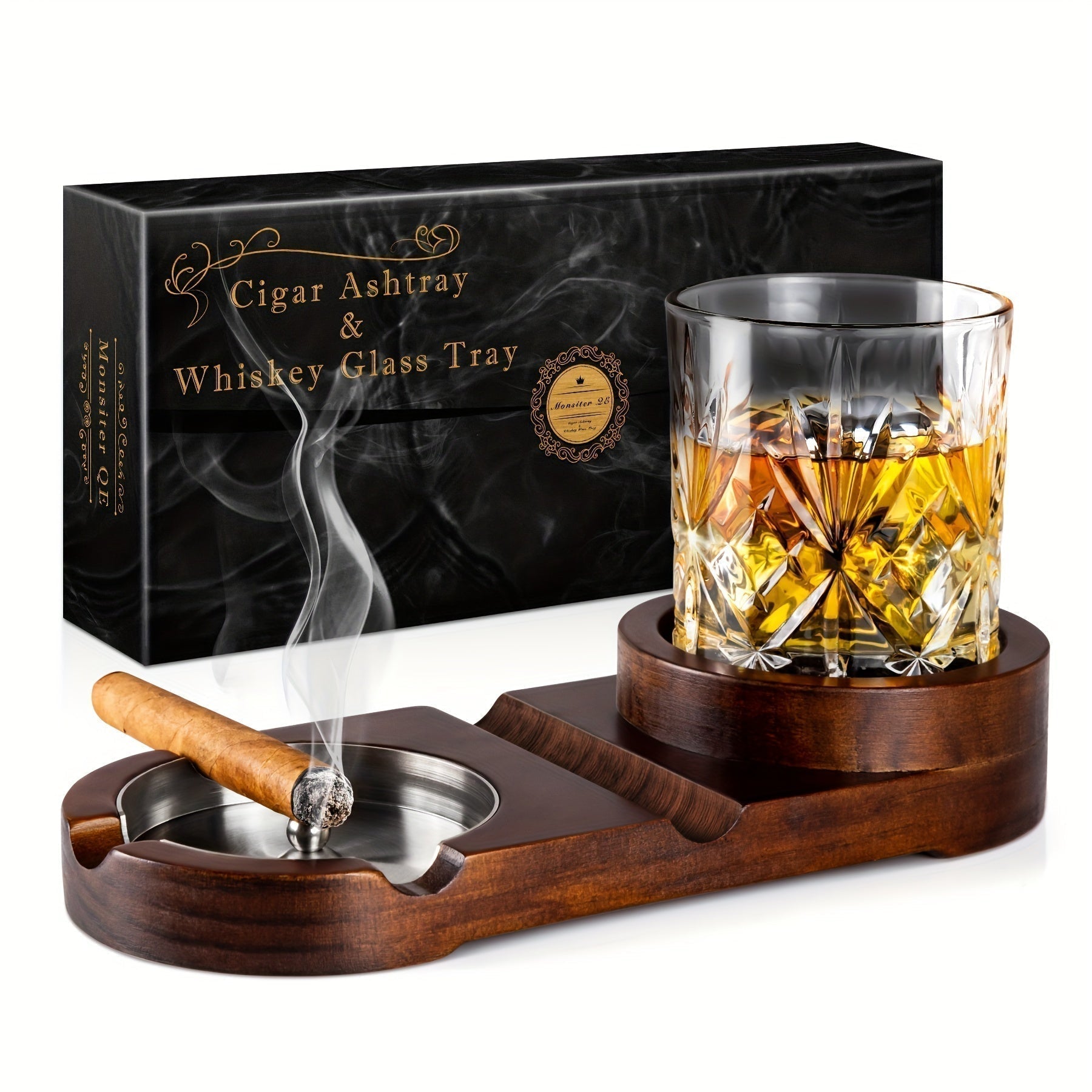 Cendrier à Cigares en Bois | Élégant avec Plateau en Verre à Whiskey