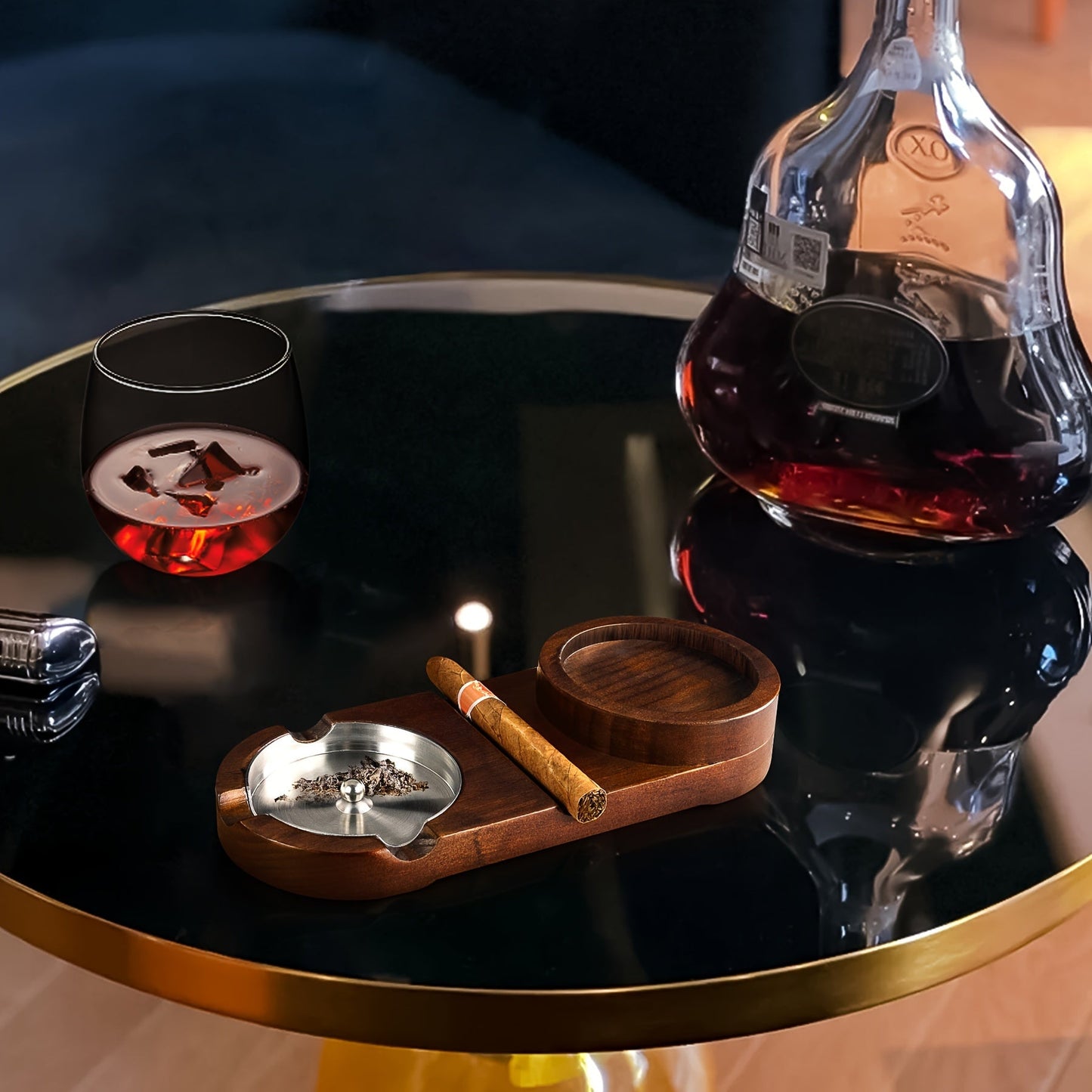 Cendrier à Cigares en Bois | Élégant avec Plateau en Verre à Whiskey