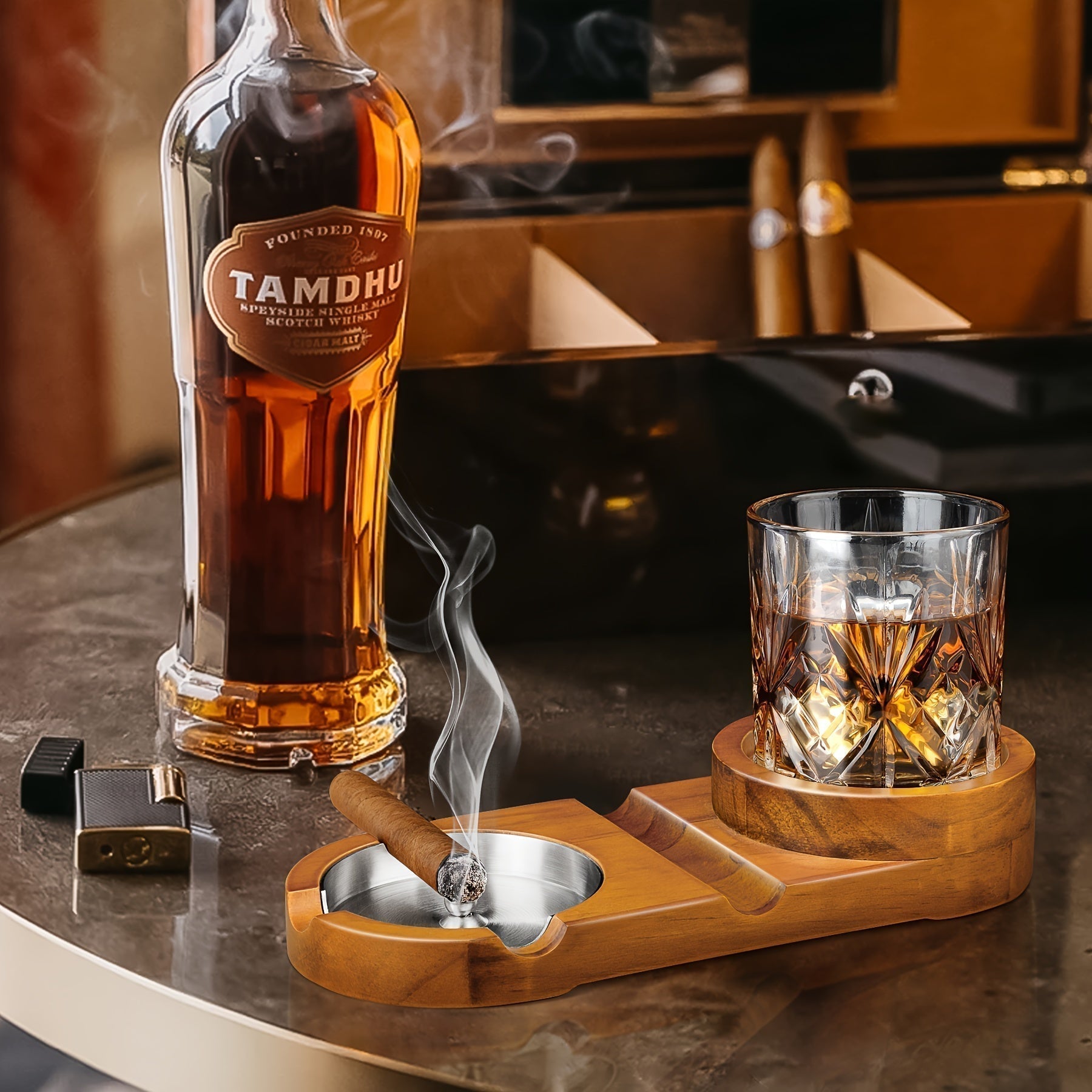 Cendrier à Cigares en Bois | Élégant avec Plateau en Verre à Whiskey
