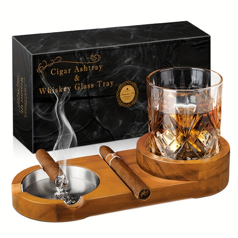 Cendrier à Cigares en Bois | Élégant avec Plateau en Verre à Whiskey