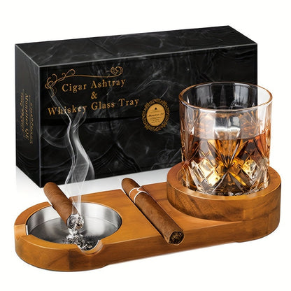 Cendrier à Cigares en Bois | Élégant avec Plateau en Verre à Whiskey